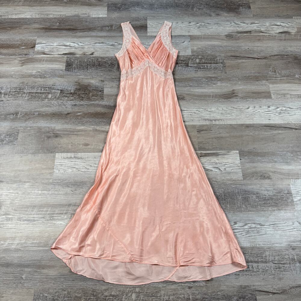 Vintage 40s 50s Peach Satin Lace Nightgown Maxi Slip Dress Romantic Boudoir S